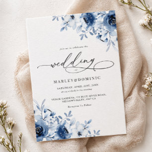 Aquarell Staubblau Floral Boho Moderne Hochzeit Einladung