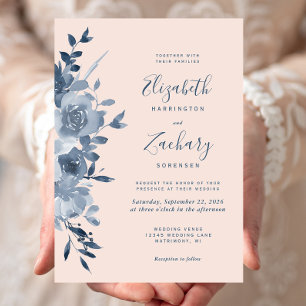 Aquarell Staubblau Florale Rosa Hochzeit Einladung