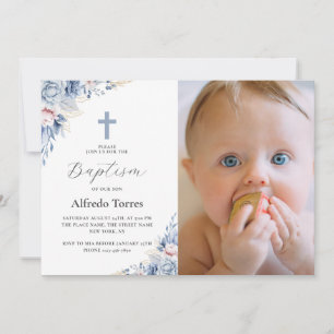 Aquarell Staubblau Florales Baby-Foto-Taufe Einladung