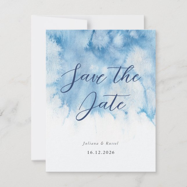 Aquarell Staubblau Winterhochzeit Save The Date (Vorderseite)