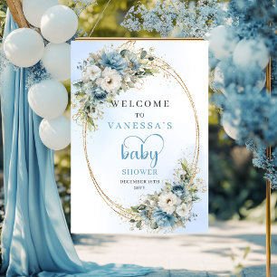 Aquarell Staubblaue Blumen Gold Baby Shower Poster