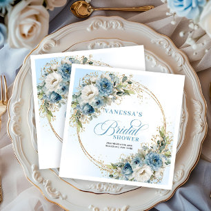 Aquarell staubblaue Blumen Goldrahmen Braut- Serviette