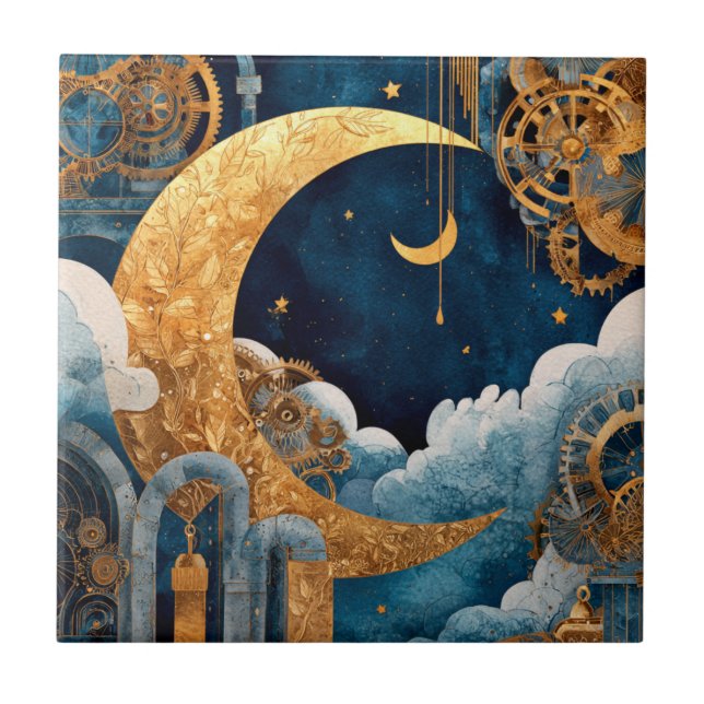 Aquarell-Steampunk-Mond-Keramikfliese Fliese (Vorderseite)