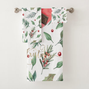 Aquarell-Stechpalmen-Beeren-Grün Badhandtuch Set