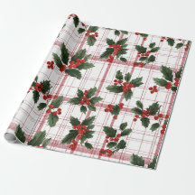 Aquarell-Stechpalmen-Beeren-Karo-Weihnachten