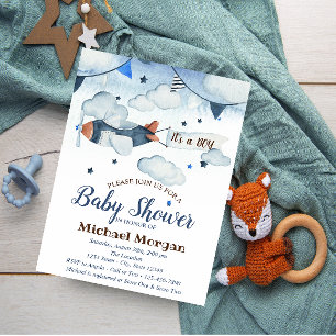 Aquarell Sterne, Wolken, Flugzeug Babyparty Einladung