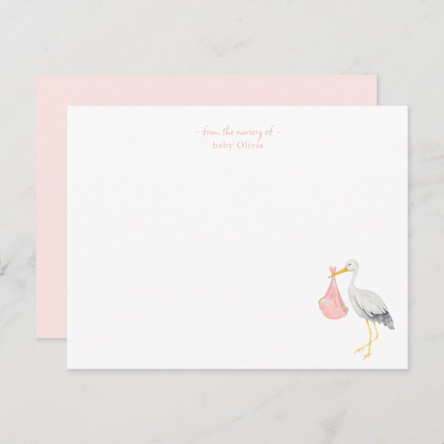 Aquarell-Storch mit Baby-Mädchen Dankeschön-Karte Dankeskarte (Vorne/Hinten)