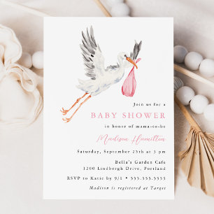 Aquarell-Storch Rosa Mädchen Baby Shower Einladung