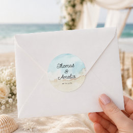 Aquarell-Strand am Meer Sommerhochzeit Runder Aufkleber