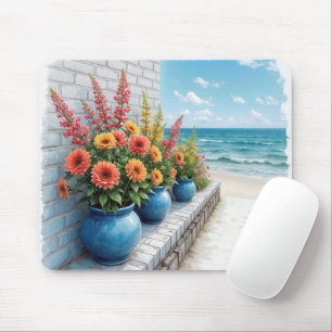Aquarell-Strand-Dahlien in blauen Töpfen Mousepad