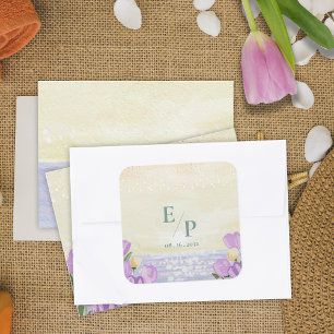 Aquarell-Strand-Küsten-Blumen-Monogramm-Hochzeit Quadratischer Aufkleber