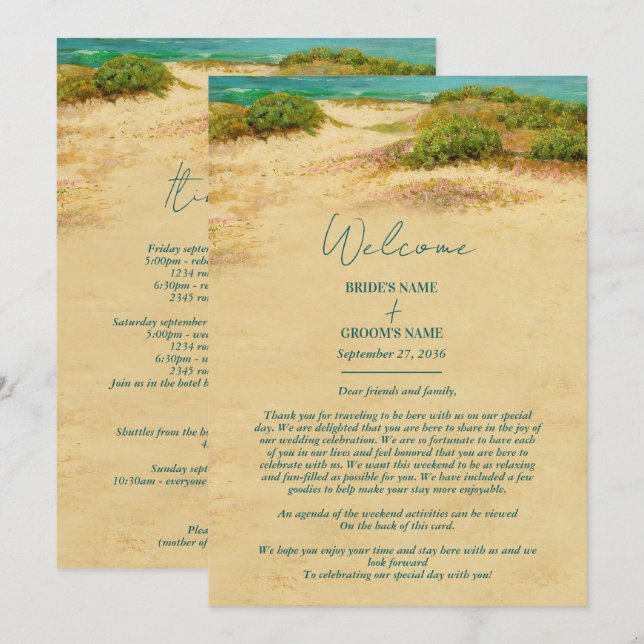 Aquarell-Strand-Küstenhochzeits-Itinerary  Programm (Vorne/Hinten)