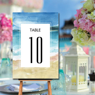 Aquarell-Strand-Ozean-Zielhochzeit Tischnummer