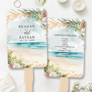 Aquarell Strand Szene Sommerhochzeit mit Blumenmot Fächer