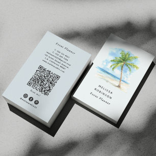 Aquarell Strand Tropischer Palmbaum Blau QR Code Visitenkarte