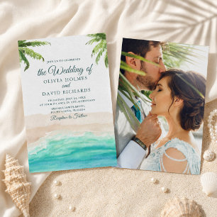 Aquarell-Strand und Palmen-Foto-Hochzeit Einladung