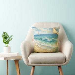 Aquarell Strand und Segelboot Kissen