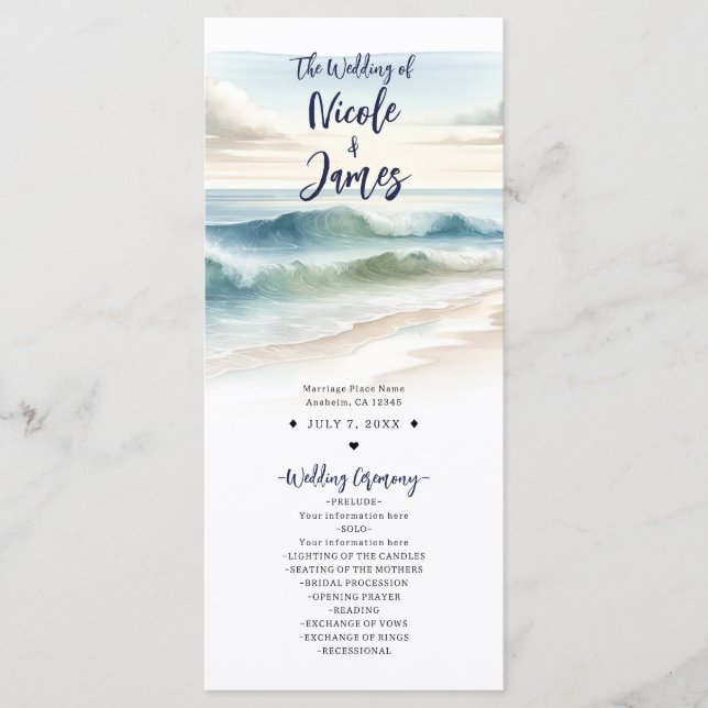 Aquarell Strand Wellen Küstenhochzeitsprogramm Programm (Vorderseite)
