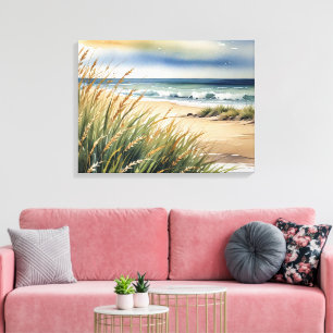 Aquarell Strandgras und Ozeanszene Leinwanddruck