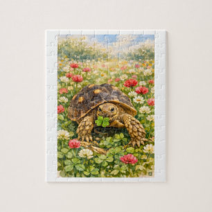 Aquarell Sulcata-Schildkröte mit Glücksklee Puzzle
