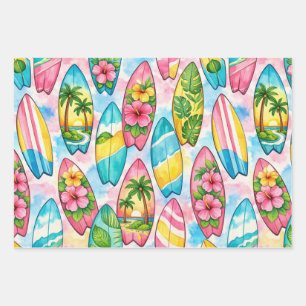 Aquarell-Surfboards mit Hibiskus und Palmen  Geschenkpapier Set
