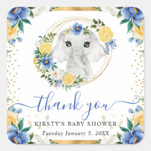 Aquarell Süße Dschungel Elefant Blumen Baby Shower Quadratischer Aufkleber