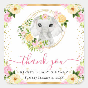 Aquarell Süße Dschungel Elefant Blumen Baby Shower Quadratischer Aufkleber