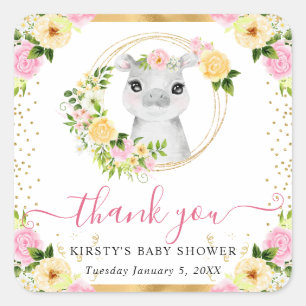 Aquarell Süße Dschungel Nilpferd Floral Baby Showe Quadratischer Aufkleber