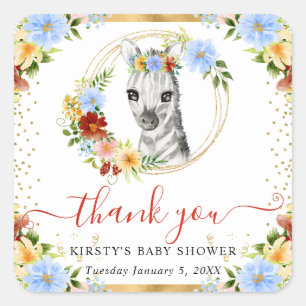Aquarell Süße Dschungel Zebra Blumen Baby Shower Quadratischer Aufkleber
