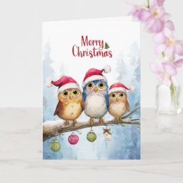 Aquarell Süße Eulen Whimsical Weihnachten Gefaltet Karte