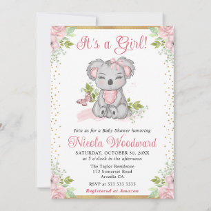 Aquarell Süße Florale Koala Mädchen Babyparty Einladung