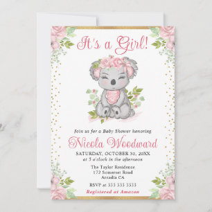 Aquarell Süße Florale Koala Mädchen Babyparty Einladung