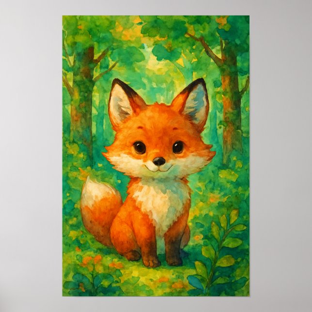 Aquarell Süße Fuchs Wald Illustration Kinderzimmer Poster (Vorne)