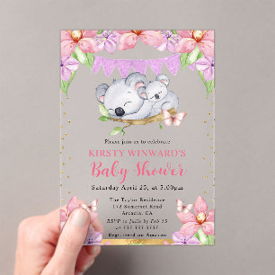 Aquarell Süße Koalas und Blumen Baby Shower Acryleinladungen