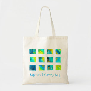 Aquarell süße Quadrate blaue Bibliotheksname Tragetasche