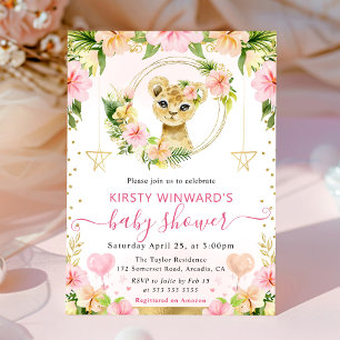 Aquarell Süße Rosa Dschungel Löwe Baby Shower Einladung
