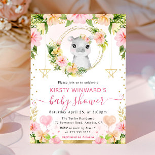 Aquarell Süße Rosa Dschungel Nilpferd Babyparty Einladung