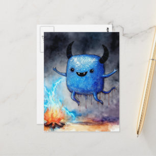 Aquarell Süßer Blauer Monster und ein Lagerfeuer Postkarte