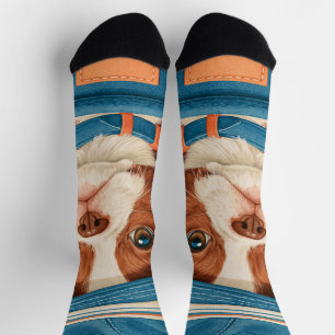 Aquarell Süßer Brauner Weißer Hund Blauer Hut Haus Socken