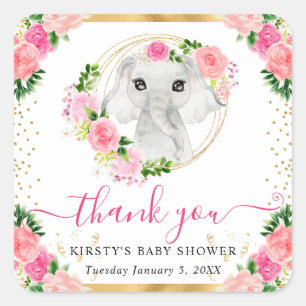 Aquarell Süßer Dschungel Elefant Floral Baby Showe Quadratischer Aufkleber
