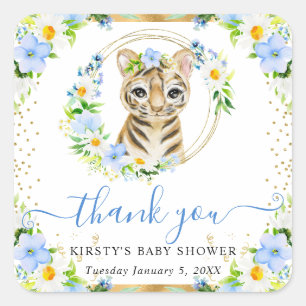 Aquarell Süßer Dschungel Tiger Floral Baby Shower Quadratischer Aufkleber