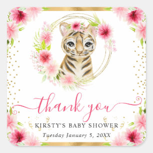 Aquarell Süßer Dschungel Tiger Floral Baby Shower Quadratischer Aufkleber