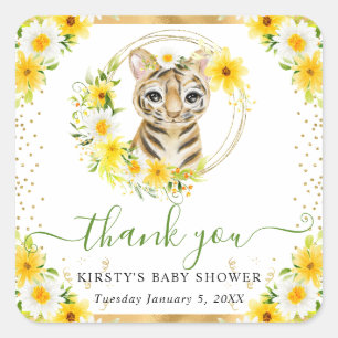 Aquarell Süßer Dschungel Tiger Floral Baby Shower Quadratischer Aufkleber
