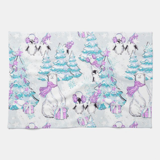 Aquarell Süßer Eisbär und Pinguin Freunde Geschirrtuch (Horizontal)