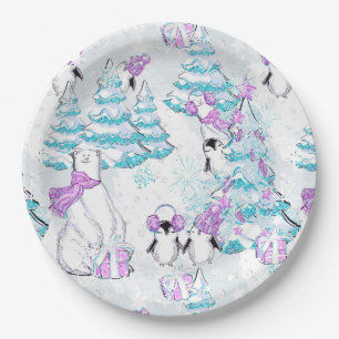 Aquarell Süßer Eisbär und Pinguinfreunde Pappteller