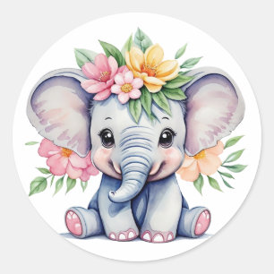 Aquarell Süßer Elefant mit Blumen Runder Aufkleber