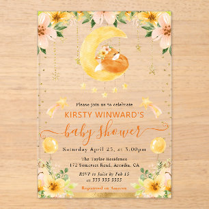 Aquarell Süßer Floraler Fuchs auf Mond Baby Shower Acryleinladungen