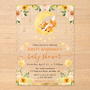 Aquarell Süßer Floraler Fuchs auf Mond Baby Shower Acryleinladungen