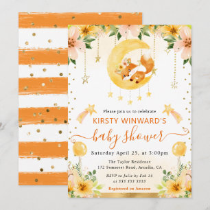 Aquarell Süßer Floraler Fuchs auf Mond Baby Shower Einladung