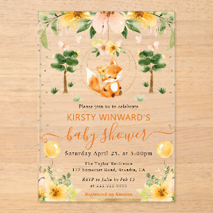 Aquarell Süßer Floraler Fuchs Baby Shower Acryleinladungen